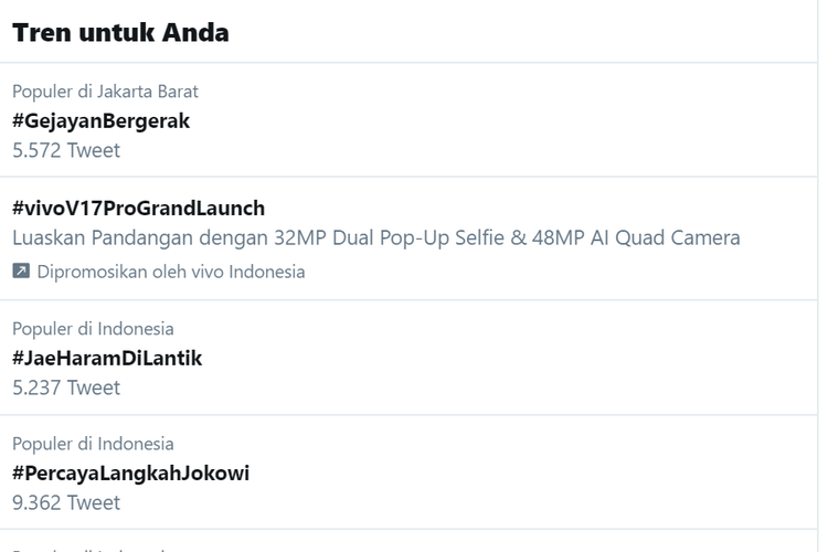 Tangkapan layar Twitter Indonesia. Setelah tagar #GejayanMemanggil, kini muncul tagar #GejayanBergerak, sesaat setelah seruan aksi dilakukan.