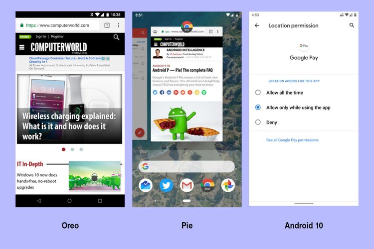 Tampilan Android Oreo, Pie, dan Android 10.