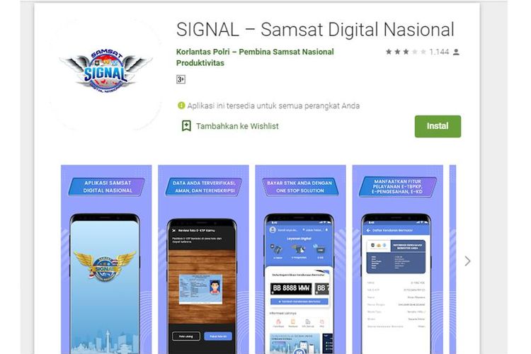 Tangkapan layar tampilan aplikasi Samsat Digital Nasional (SIGNAL)