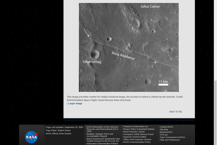 Tangkapan layar laman NASA. 29 September 2009, tentang Rima Ariadaeus pada permukaan Bulan.