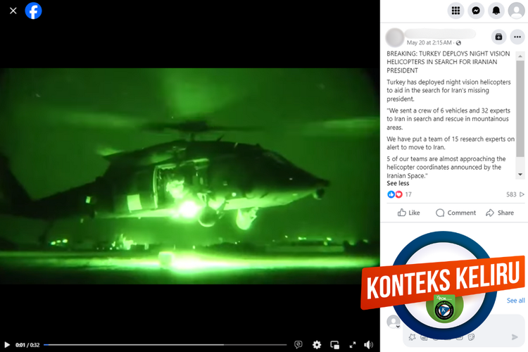 Tangkapan layar konten dengan konteks keliru di sebuah akun Facebook, Senin (20/5/2024), soal teknologi night vision drone Akinci yang dikerahkan Turkiye untuk membantu pencarian helikopter Presiden Iran Ebrahim Raisi.