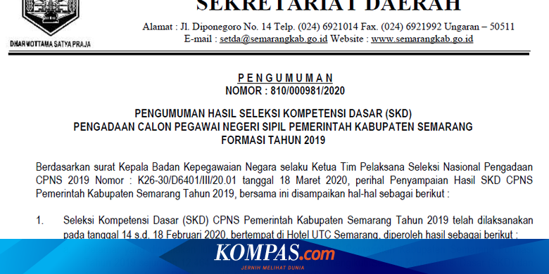 1 352 Peserta Lulus Ini Link Hasil Skd Cpns 2019 Di Pemkab Semarang Halaman All Kompas Com