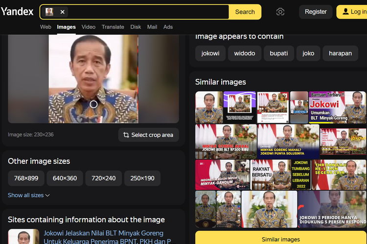 Tangkapan layar pencarian gambar di Yandex, soal Jokowi mengumumkan bantuan Rp 100.000 per bulan untuk 2,5 juta pedagang kaki lima yang berjualan gorengan selama tiga bulan mulai April-Juni 2022.