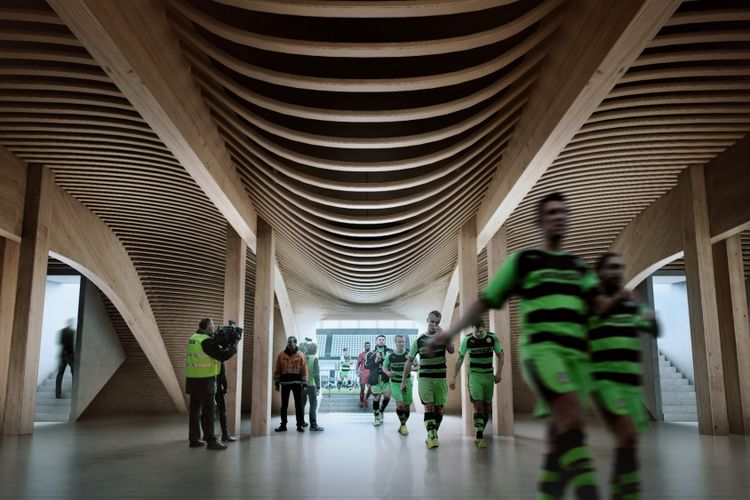 Forest Green Rover Eco Park Stadium, stadion yang akan dibangun dengan bahan kayu. Design by Zaha Hadid Architect with Patrick Schumacher