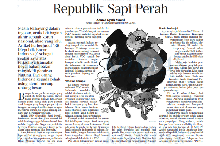 Tangkap layar tulisan opini Ahmad Syafii Maarif di harian Kompas berjudul Republik Sapi Perah, yang tayang pada 27 Februari 2021.