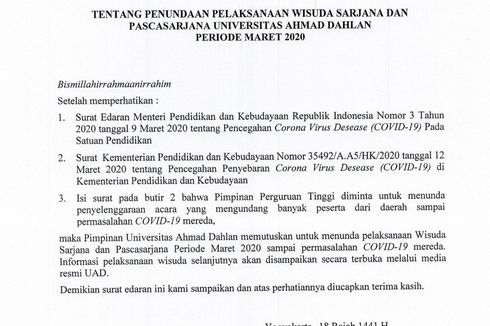 Antisipasi Corona, Rektor UAD Keluarkan Surat Tunda Wisuda Maret 2020