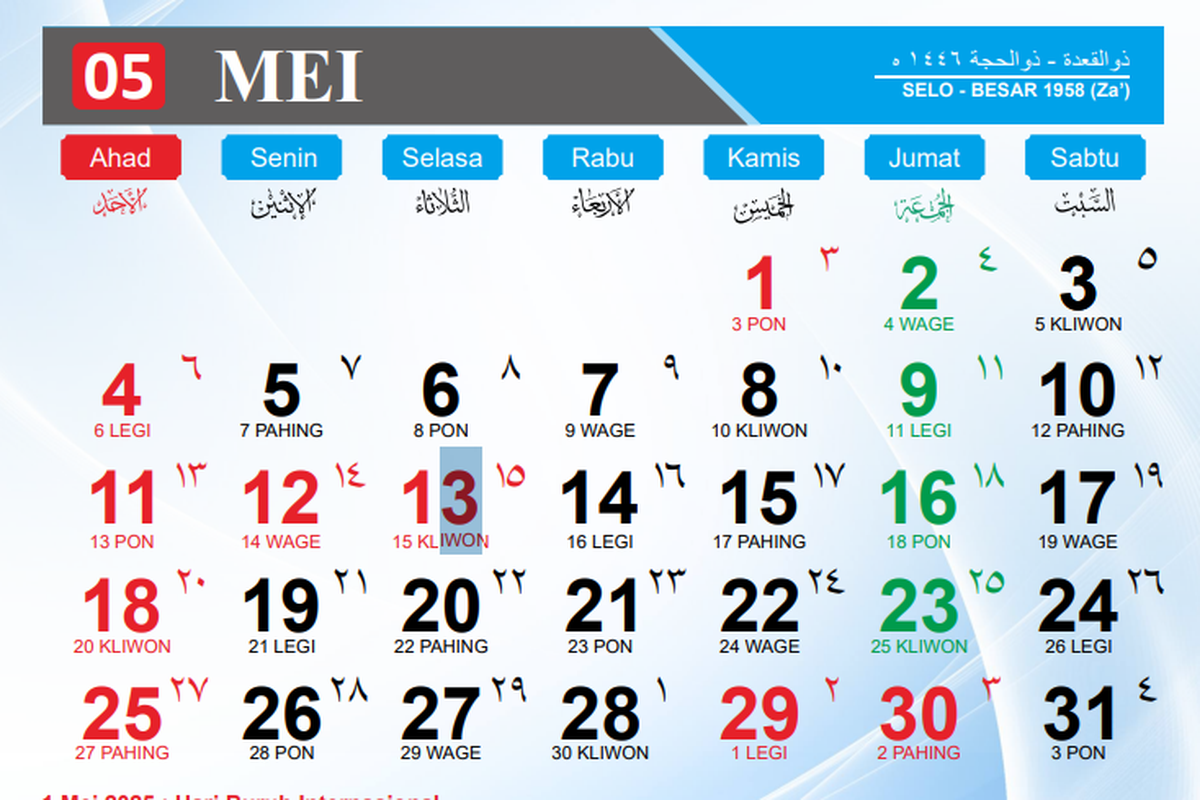 Kalender Mei 2025. Simak kalender Jawa bulan Mei 2025 dan kapan jatuhnya hari jumat kliwon?