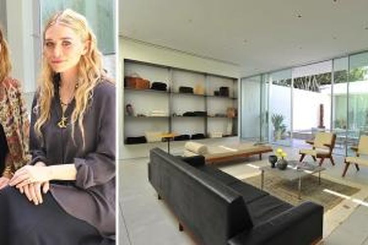 Mary-Kate dan Ashley Olsen dengan toko baru mereka di Los Angeles, Amerika Serikat.