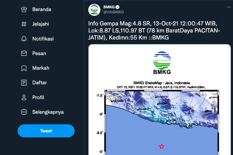 BMKG: Gempa bumi M 4,8 mengguncang Pacitan, Jawa Timur. Getaran terasa di Yogyakarta, Gunungkidul, Wonogiri hingga Trenggalek