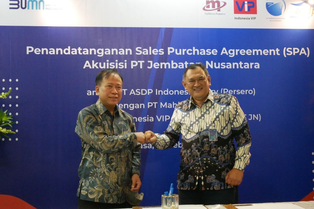  PT ASDP Indonesia Ferry (Persero) melakukan penandatanganan Sales Purchasement Agreement (SPA).dengan PT Mahkota Pratama dan PT Indonesia VIP selaku pemilik saham PT Jembatan Nusantara, perusahaan ferry swasta di Indonesia yang diakuisisi, Selasa (22/2/2022).