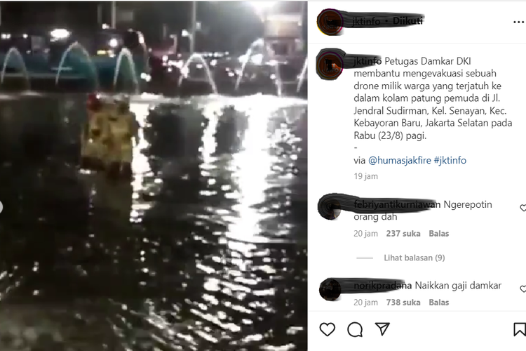 Video viral evakuasi drone di kolam Patung Pemuda di Senayan, Jakarta Selatan