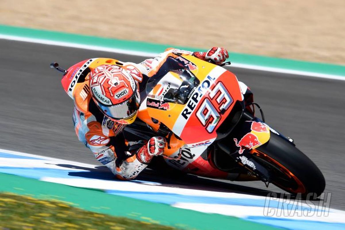 Pebalap Repsol Honda Marc Marquez saat menjalani sesi kualifikasi GP Spanyol di Sirkuti Jerez, Sabtu (5/5/2018).