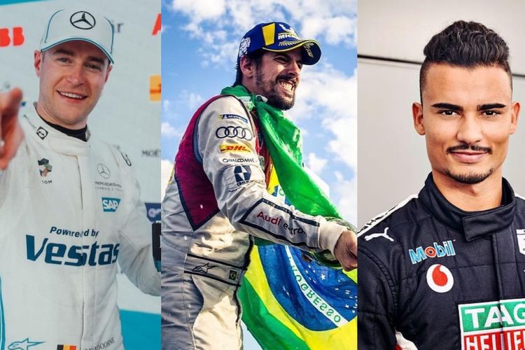 Pebalap Formula E (dari kanan-Kiri: Stoffel Vandoorne, Lucas di Grassi, dan Pascal Wehrlein)