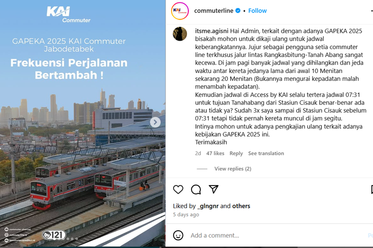 Menurut pantauan Kompas.com di media sosial Instagram pada Kamis (6/2/2025) sore, unggahan Instagram resmi @commuterline tentang Gapeka 2025, menerima lebih dari 1.300 komentar.