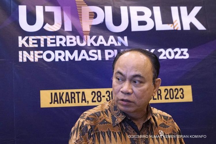 Menteri Komunikasi dan Informatika (Menkominfo) Budi Arie Setiadi saat menghadiri Uji Publik Keterbukaan Informasi Badan Publik 2023 di Hotel Mercure Kemayoran Superblok Mega, Jalan Kota Baru Bandar, Jalan Benyamin Suaeb Nomor Kav B6, South Gunung Sahari, Kemayoran, Jakarta, Rabu (29/11/2023).