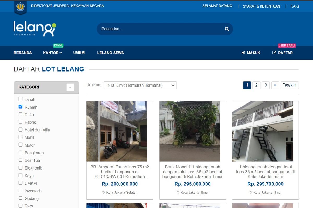 Lelang rumah murah di Jakarta periode September 2023 dengan nilai limit mulai Rp 200 jutaan. Lelang rumah ini bisa diakses di laman lelang.go.id milik Direktorat Jenderal Kekayaan Negara (DJKN).