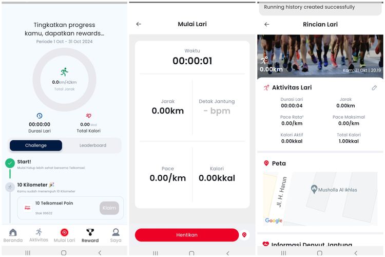 Fitur Lari di aplikasi MyTelkomsel yang bisa merekam aktivitas lari.