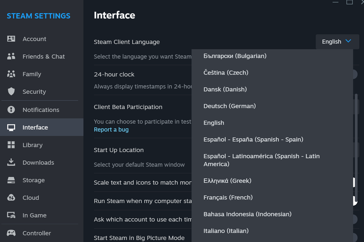 Cara mengganti bahasa di Steam.