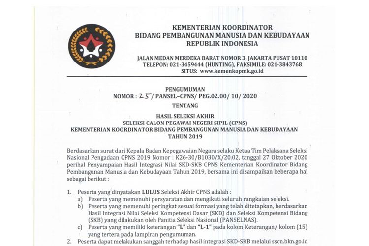 Hasil akhir CPNS Kemenko PMK 2019