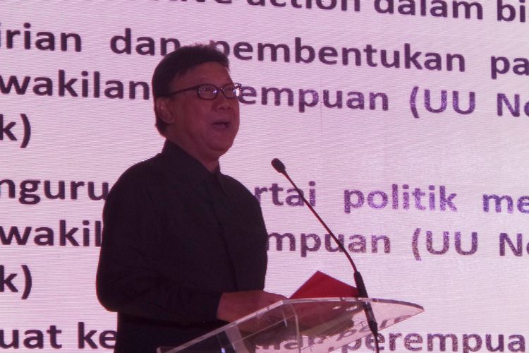 Menteri Dalam Negeri Tjahjo Kumolo dalam workshop KPPG di Hotel Sultan, Senayan, Jakarta, Sabtu (26/8/2017).