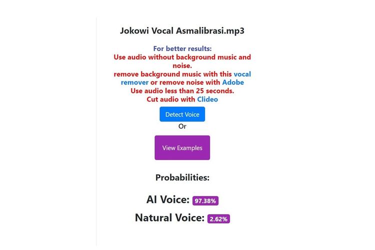 Hasil deteksi suara AI di lagu Asmalibrasi versi cover Jokowi