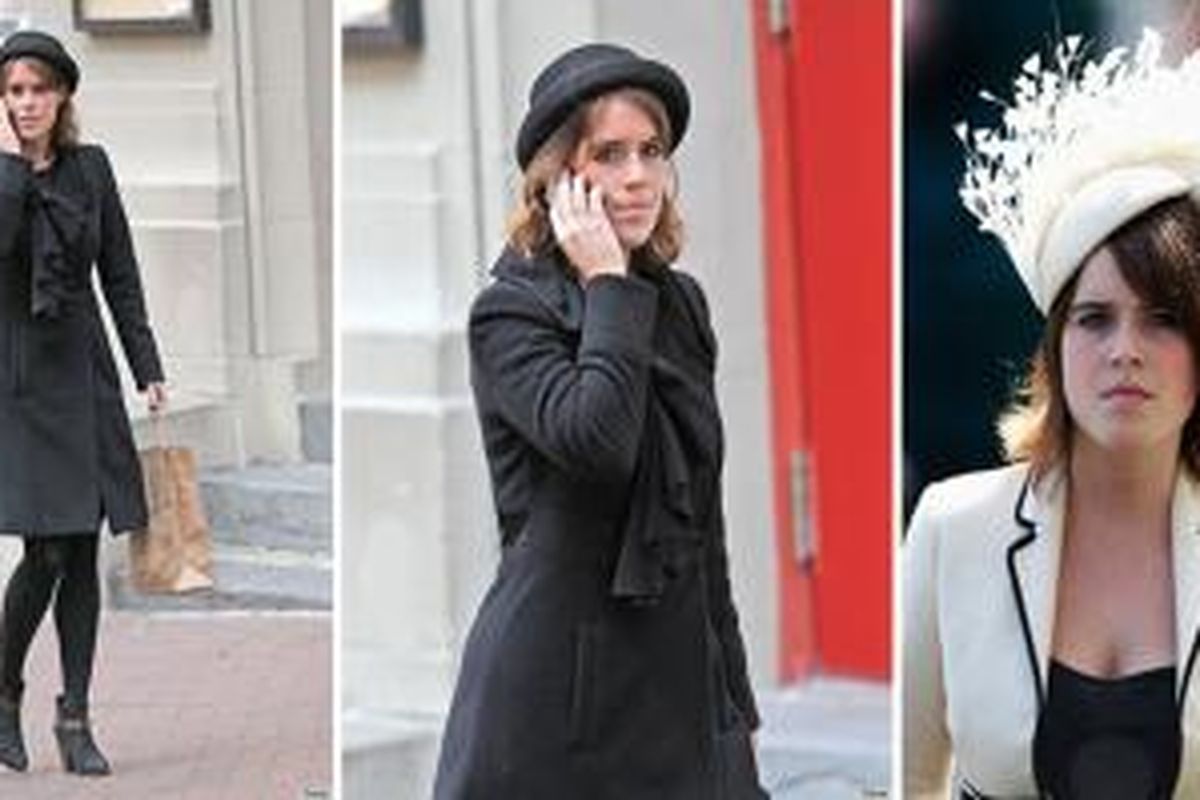 Perbedaan penampilan Putri Eugenia di New York (mengenakan mantel abu-abu) dan di Inggris (mengenakan topi berbulu)