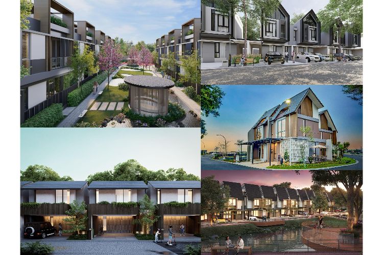 South Tresor at Metland Cyber Puri by PT Metropolitan Karyadeka Development (kiri atas), Vilas Palagan by Damai Putra Group (kanan atas), ARIA Bogor by Greenwoods Group (kanan tengah), Viola at Summarecon Crown Gading by Summarecon Group (kiri bawah), Lake Home Serpong by PT Mekar Agung Sejahtera (kanan bawah)