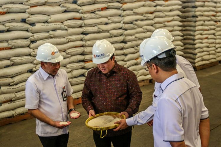 Menteri BUMN meninjau stok beras di Kompleks Pergudangan BULOG, Kelapa Gading, Jakarta Utara, Rabu.