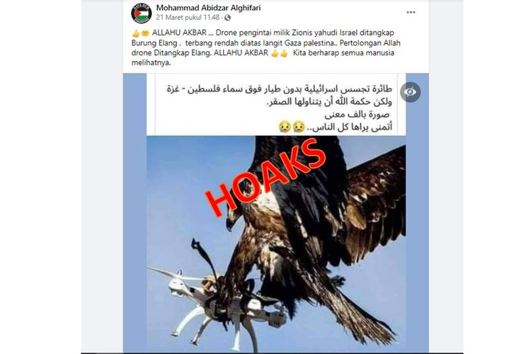 Tangkapan layar unggahan hoaks yang berisi elang menangkap drone pengintai Israel