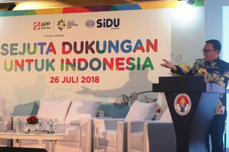 Menteri Olahraga dan Pemuda Imam Nahrawi saat memberikan pidato sambutan dalam acara bertajuk Sejuta Dukungan untuk Indonesia pada Kamis (26/7/2018). 