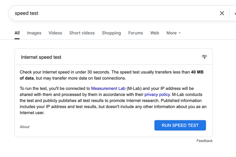 Ilustrasi cara cek kecepatan internet via Google.
