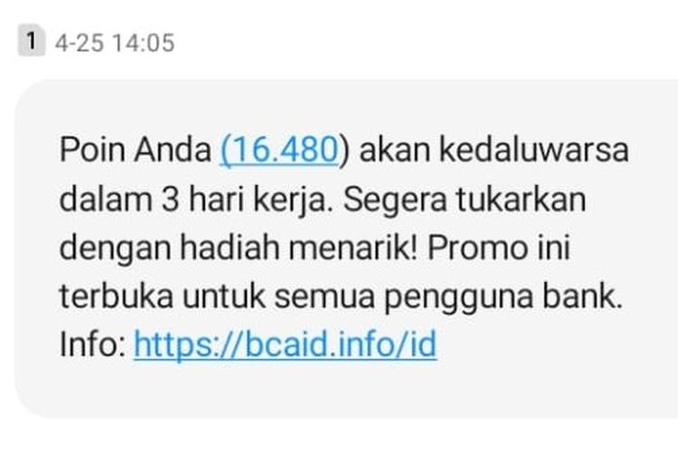 Contoh SMS penipuan mengatasnamakan BCA