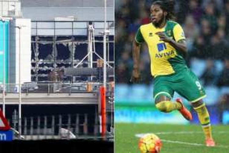 Penyerang Norwich City, Dieumerci Mbokani, selamat dari serangan teror yang terjadi di Bandara Brussels, Belgia, Selasa (22/3/2016). 