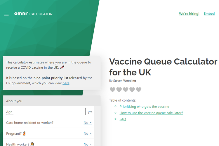 Tampilan Omni Calculator, untuk memperkirakan kapan seseorang mendapatkan vaksin Covid-19 di Inggris.