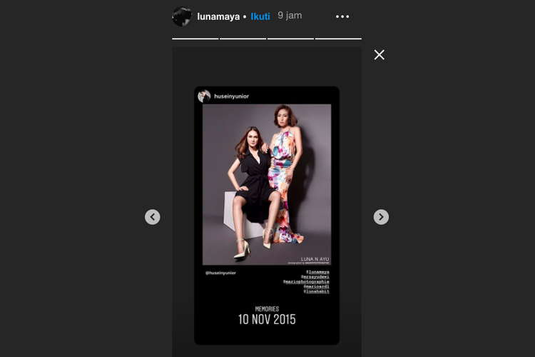 Screenshoot dari Insta Story Instagram Luna Maya. Foto Luna bersama Ayu Dewi ini diunggah sekitar Senin (11/11/2019) dini hari.