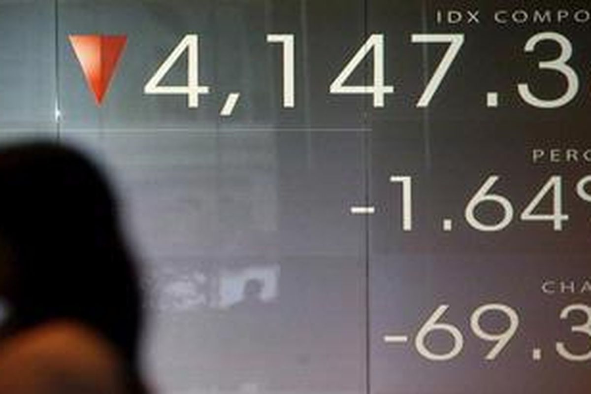 Warga melintas di dekat papan elektronik yang menginformasikan pergerakan Indeks Harga Saham Gabungan pada perdagangan sesi pertama di Bursa Efek Indonesia, Jakarta, Senin (7/5/2012).