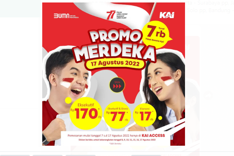 PT KAI adakan tiket Promo Merdeka dengan harga murah dalam rangka HUT ke-77 RI.
