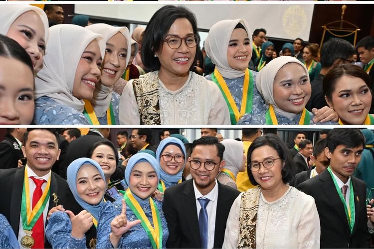 Sri Mulyani tampil elegan di wisuda putranya. Kenakan tunik putih tulang, batik cokelat, hingga heels nude, ini detail gaya anggunnya.