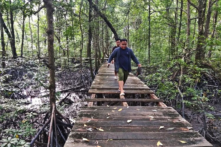 Pengunjung kawasan Balai Konservasi Mangrove dan Bekantan Kota Tarakan harus berhati hati melintasi jembatan saat menyusuri kawasan mangrove karena sebagian jembatan mulai rusak, Selasa (31/7/2018)