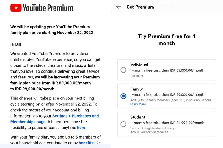 Harga berlangganan YouTube Premium.