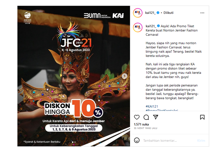 Tangkapan layar diskon tarif tiket KA dalam gelaran Jember Fashion Carnaval