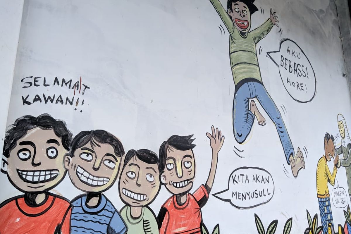 Salah satu mural buatan anak-anak binaan LPKA Klas 1 Kota Tangerang di tembok Aula LPKA Klas 1 Kota Tangerang, Kamis (21/11/2019)