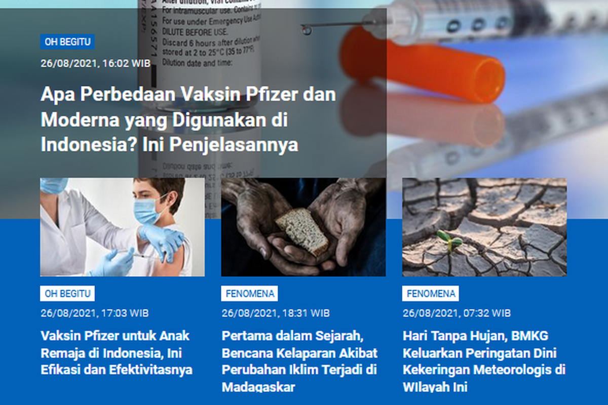Perbedaan vaksin Pfizer dan Moderna yang tiba di Indonesia, peringatan dini hari tanpa hujan, hingga bencana kelaparan menjadi berita populer Sains.