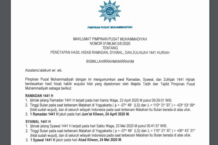 Tangkapan layar maklumat PP Muhammadiyah
