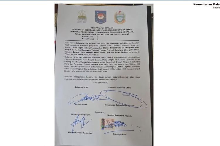 Surat Kesepakatan Bersama yang ditandatangani oleh Gubernur Aceh dan Gubernur Sumatera Utara, tentang status kepemilikan 4 pulau.