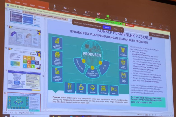 Kementerian Lingkungan Hidup dan Kehutanan (KLHK) terus mendorong percepatan penyusunan peta jalan (roadmap) pengurangan sampah oleh produsen melalui Peraturan Menteri (Permen) LHK Nomor 75 Tahun 2019. 