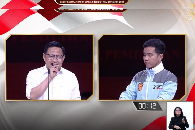 Cawapres nomor urut 2 Gibran Rakabuming Raka mendapat pertanyaan dari cawapres nomor urut 1 Muhaimin Iskandar dalam debat pilpres ke-4, Minggu (21/1/2024).