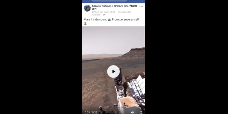 Tangkapan layar unggahan Facebook tentang video bersuara dari Wahana Perseverance milik NASA di Mars