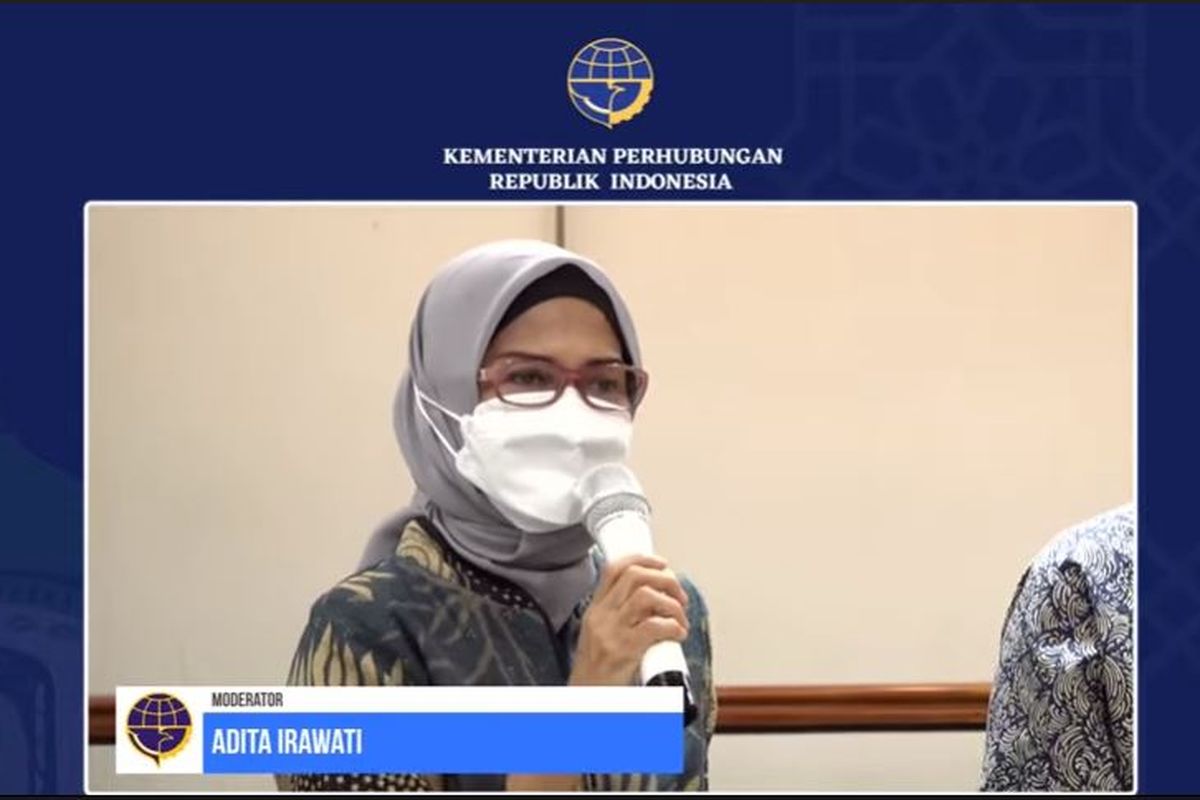 Juru Bicara Kementerian Perhubungan Adita Irawati saat Media Briefing ?Kesiapan Penyelenggaraan Angkutan Lebaran Tahun 2022? yang diselenggarakan di Gedung Kemenhub pada Jumat (8/4/2022). 