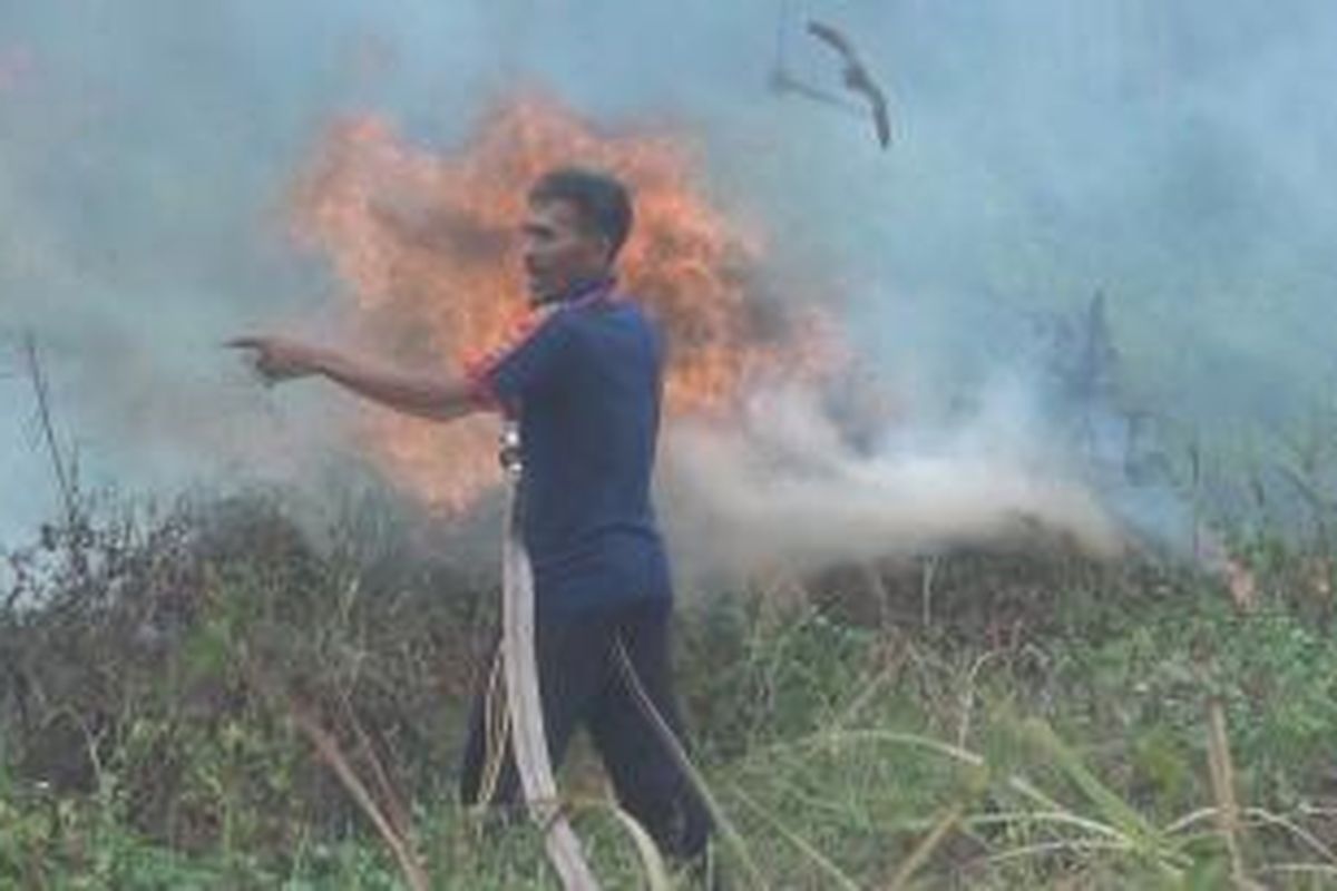petugas pemadam kebarakan pemkab ogan ilir berjuang memadmakan api kebakaran lahan di belakang panti jompo milik dinas sosial provinsi sumatera selatan di ogan ilir